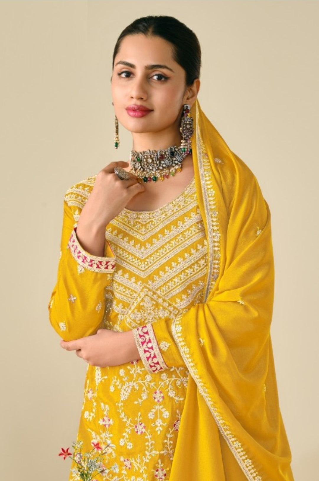 Women Yellow Chinon With Embroidery Work Palazzo Bottom Suit Set