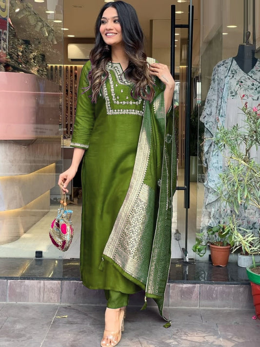 Women Olive Green Silk Jacquard Suit Set