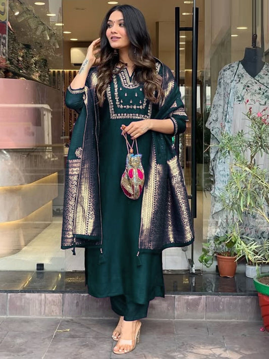 Women Bottle Green Silk Jacquard Suit Set