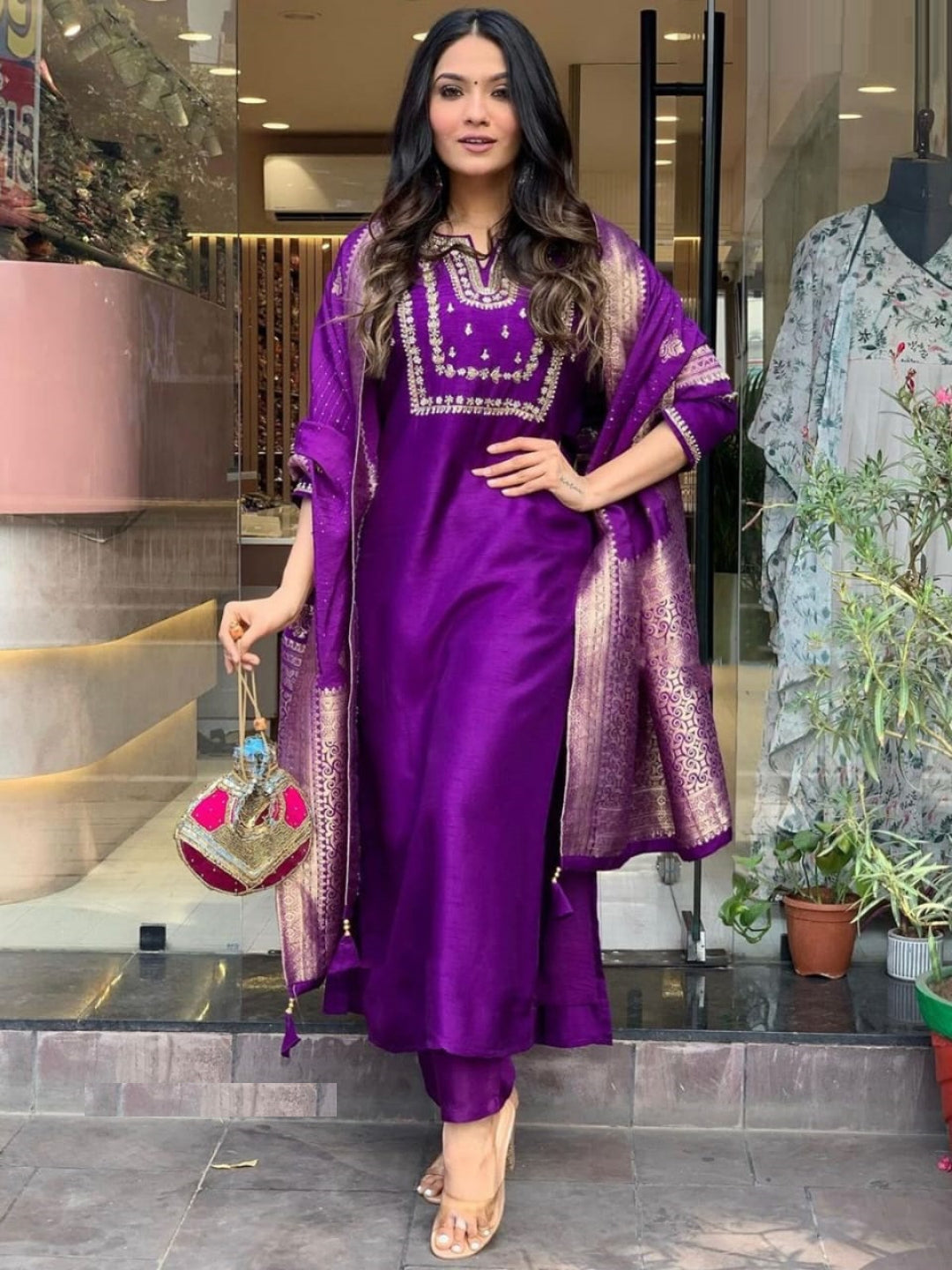 Women Purple Silk Jacquard Suit Set