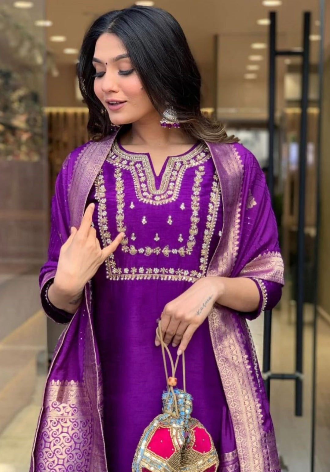 Women Purple Silk Jacquard Suit Set