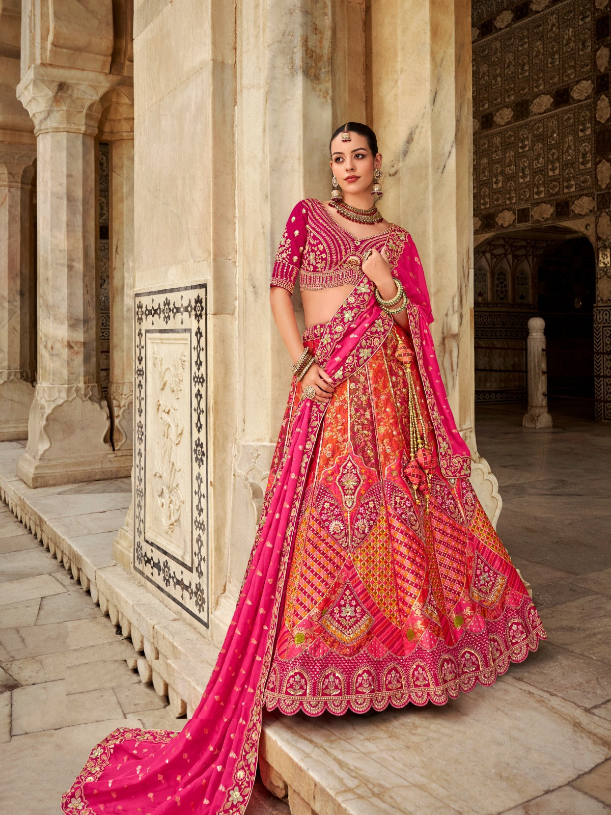 Sophisticated Pink And Orange Banarasi Silk Bridal Lehenga