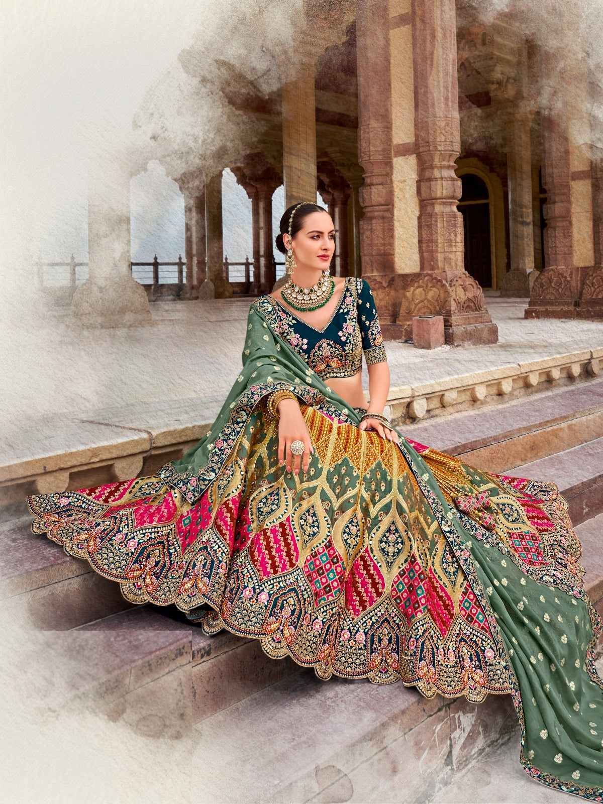 Refined Multicolor Banarasi Silk Bridal Lehenga