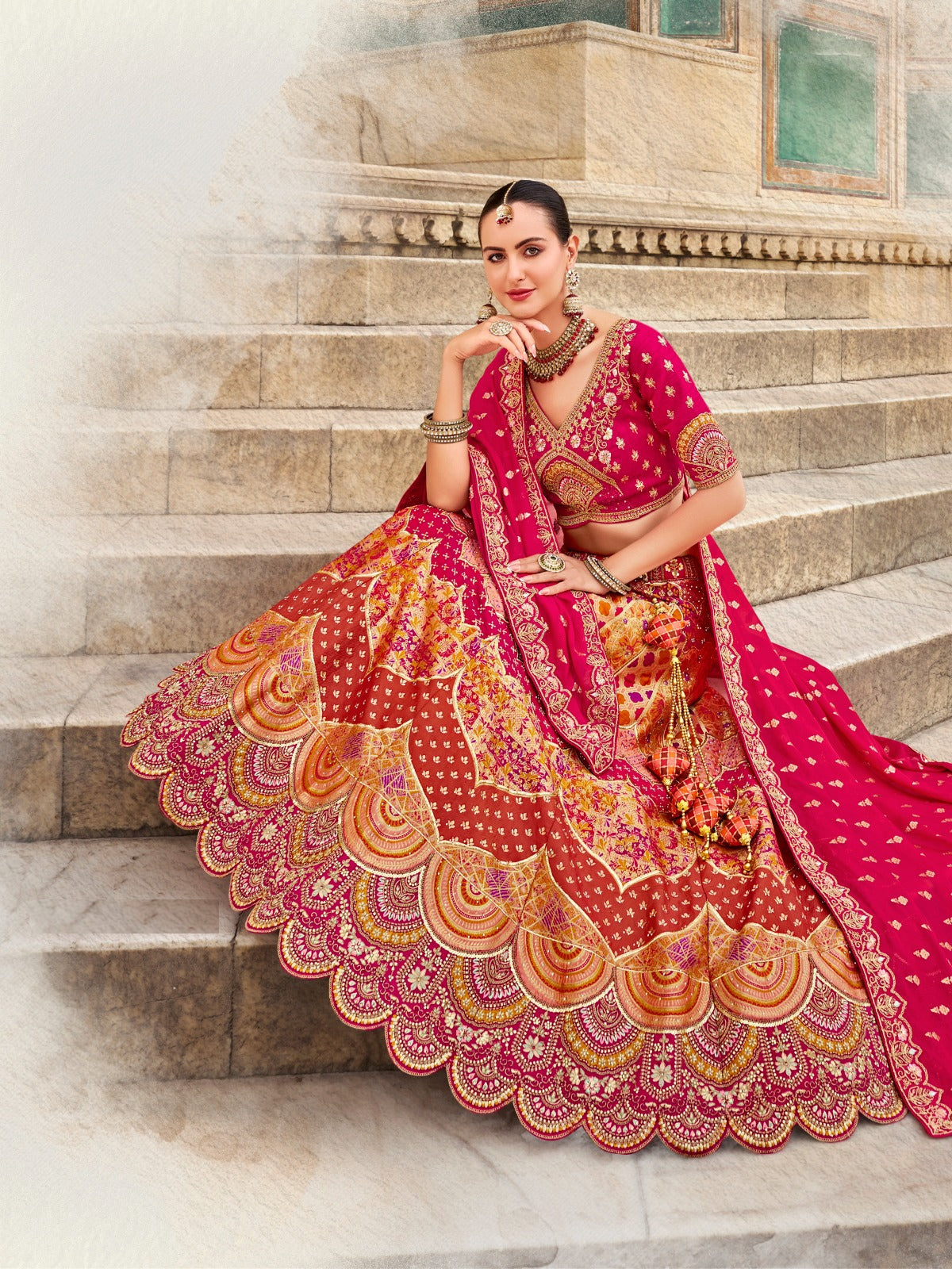 Dazzling Rose Pink Multi Banarasi Silk Bridal Lehenga