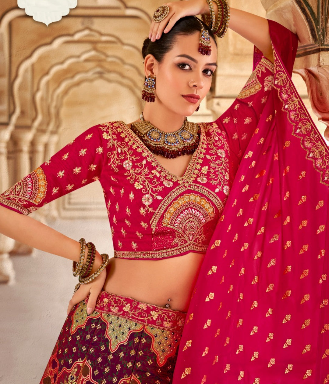 Flawless Dark Pink Multi Banarasi Silk Bridal Lehenga