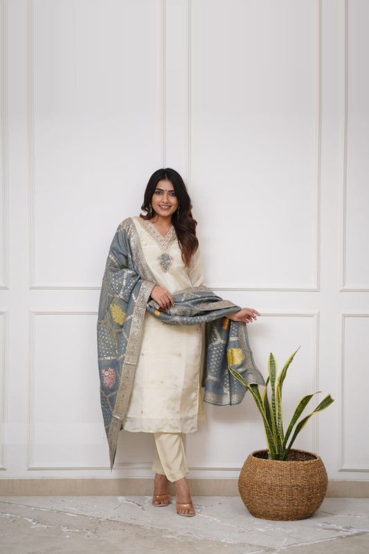 Women Beige Viscose Chanderi Suit Set