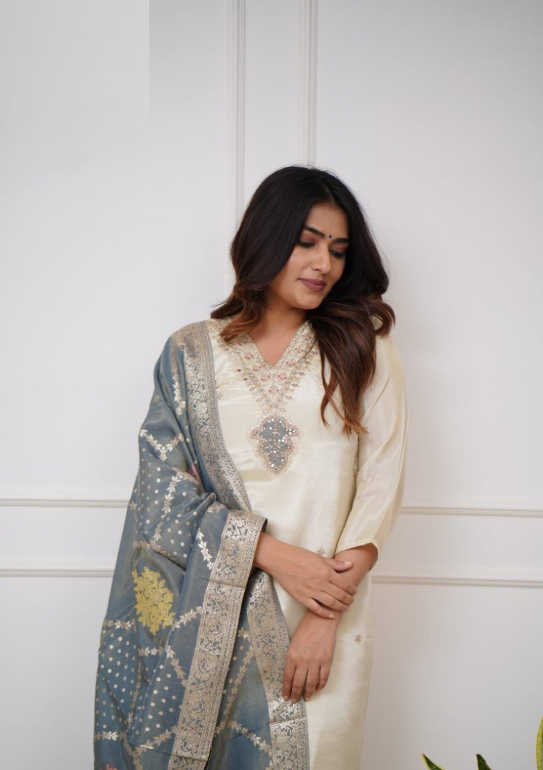 Women Beige Viscose Chanderi Suit Set