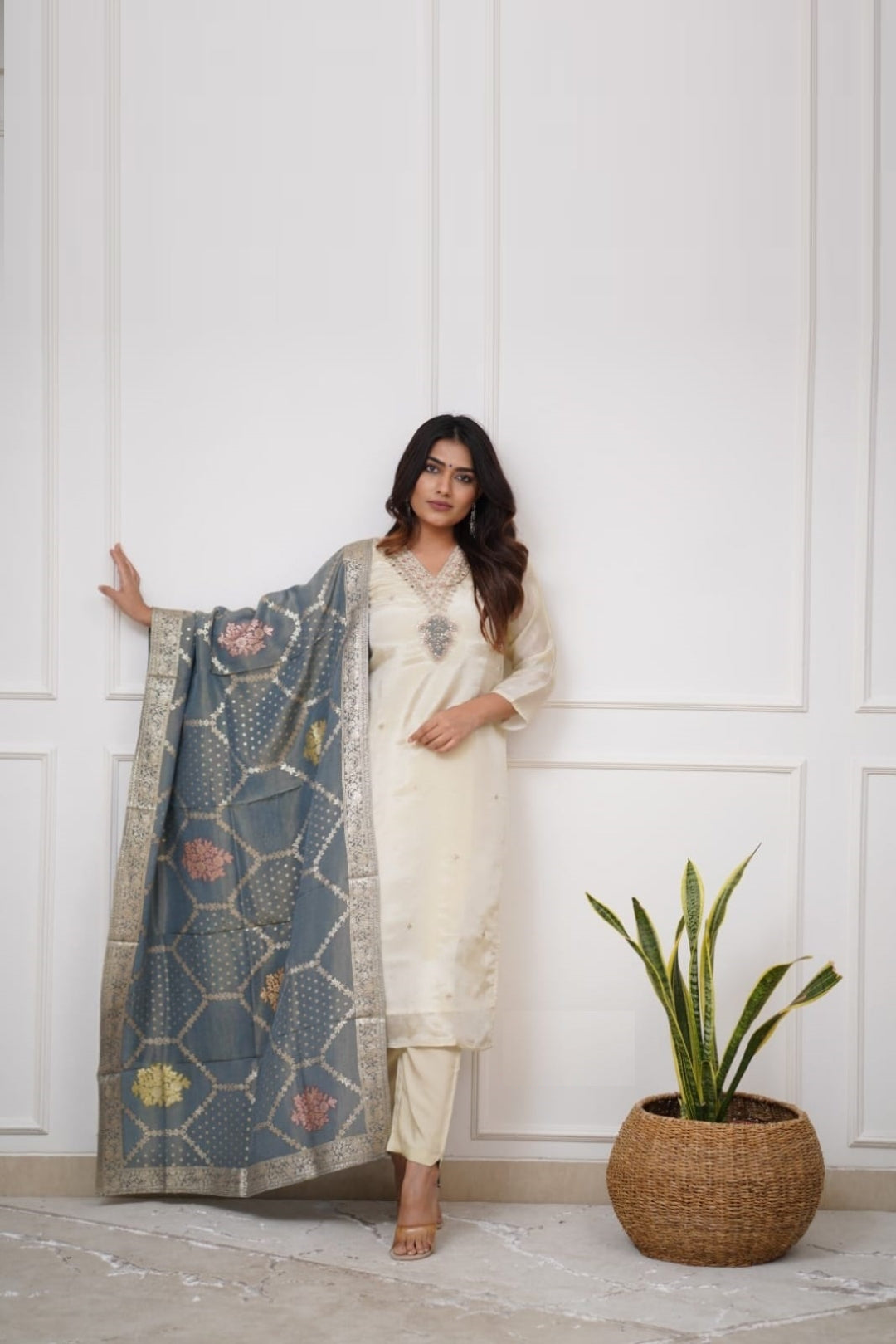 Women Beige Viscose Chanderi Suit Set