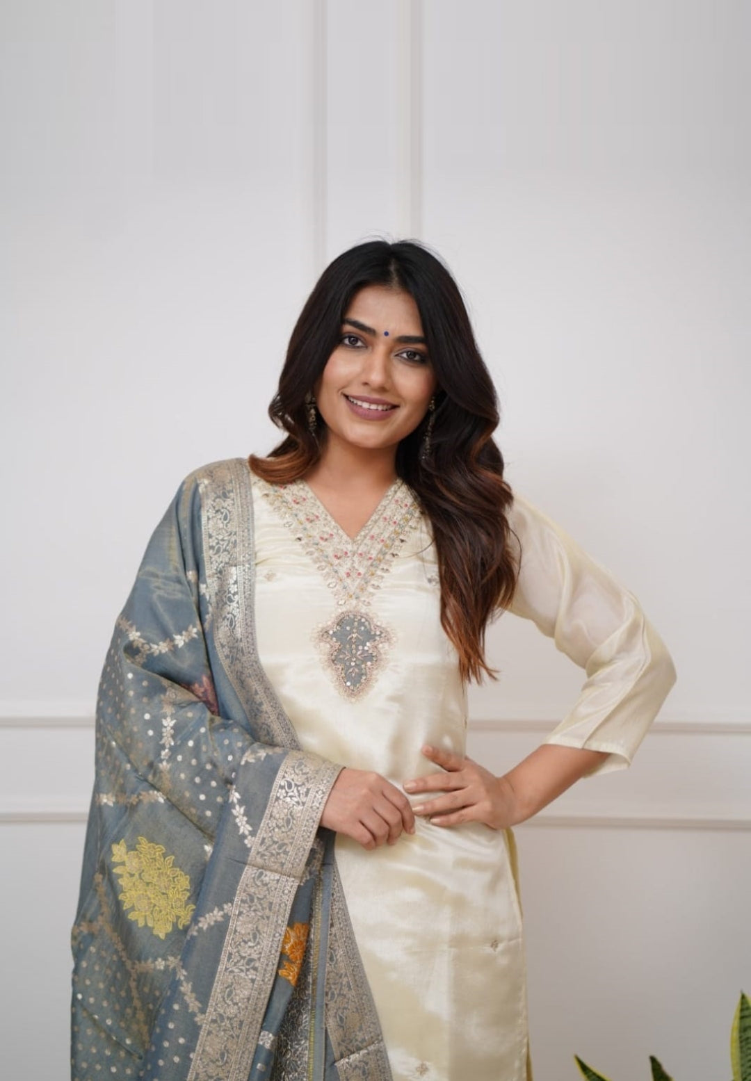 Women Beige Viscose Chanderi Suit Set