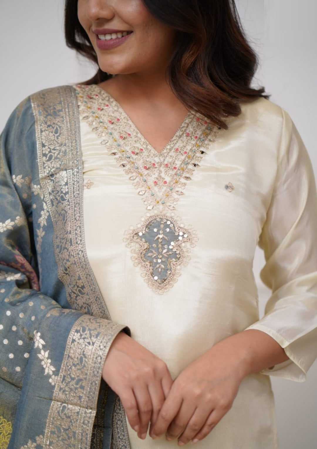 Women Beige Viscose Chanderi Suit Set