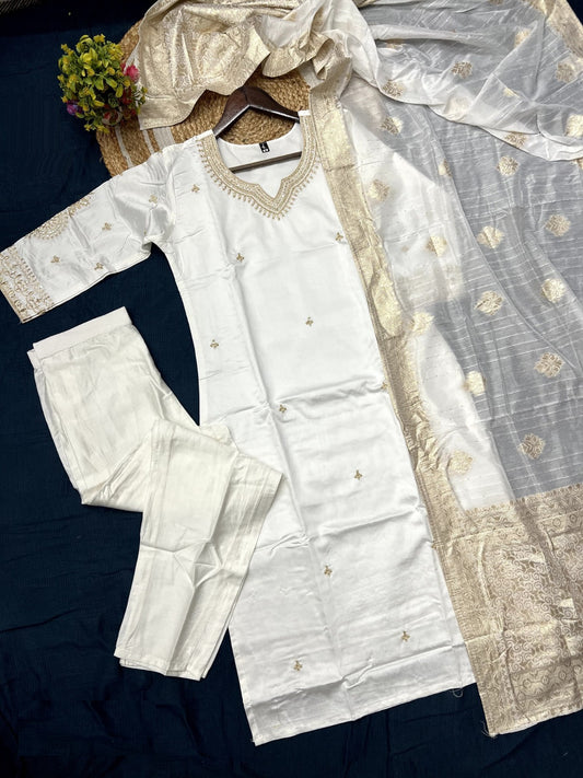 Women White Viscose Chanderi  Jacquard Suit Set