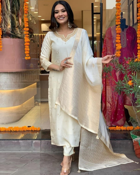 Women Cream Viscose Chanderi Suit Set