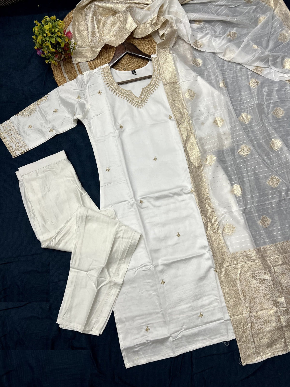 Women White Viscose Chanderi Jacquard Suit Set