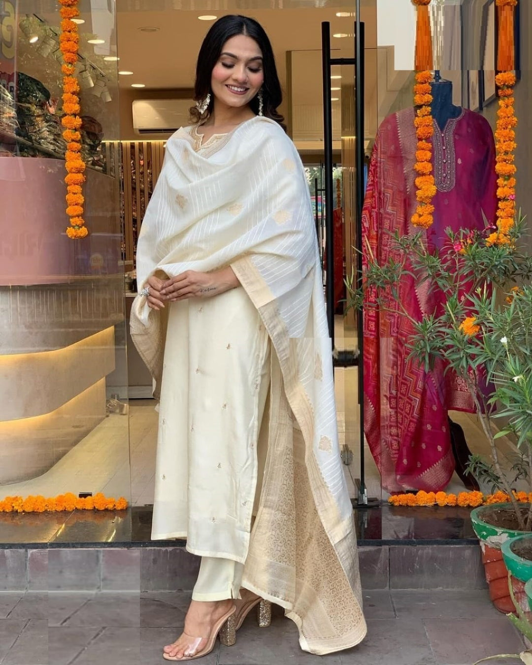 Women Cream Viscose Chanderi Suit Set