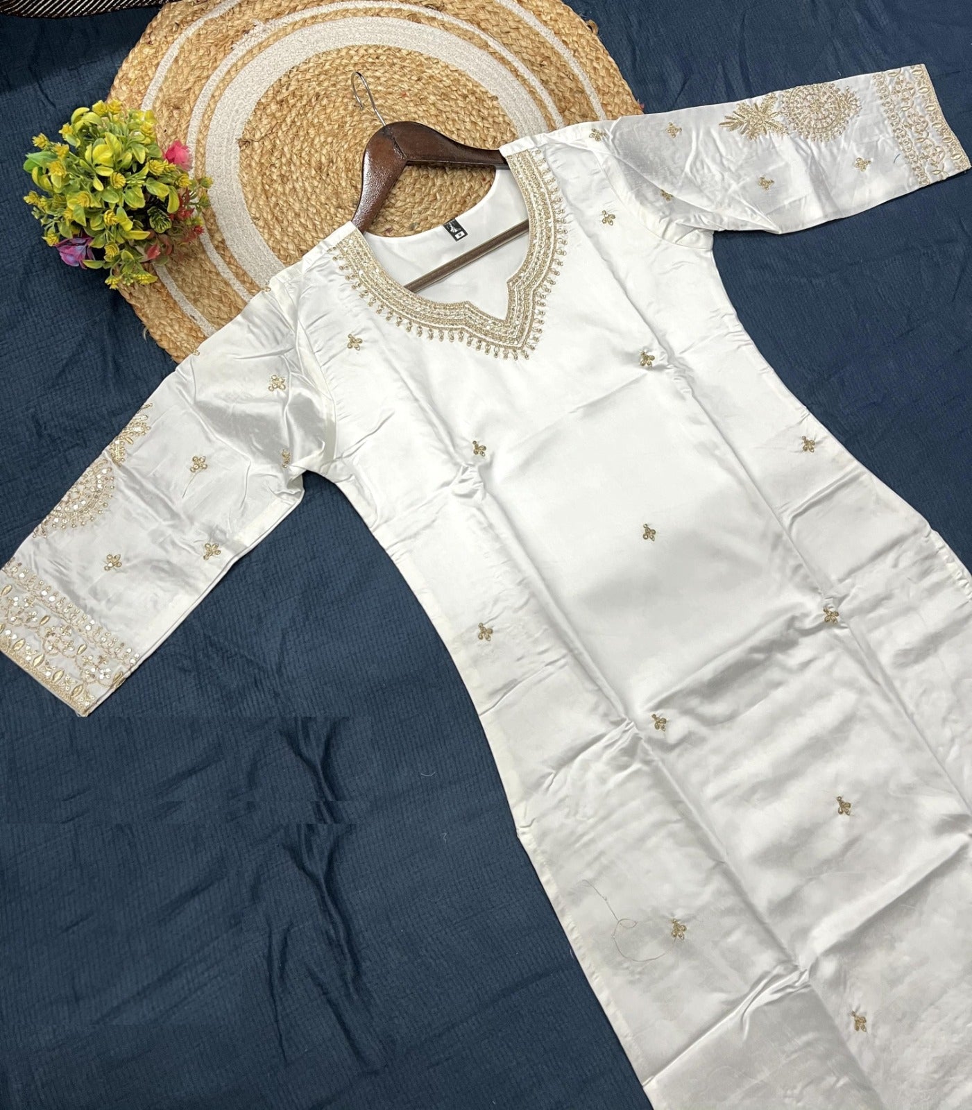 Women White Viscose Chanderi Jacquard Suit Set