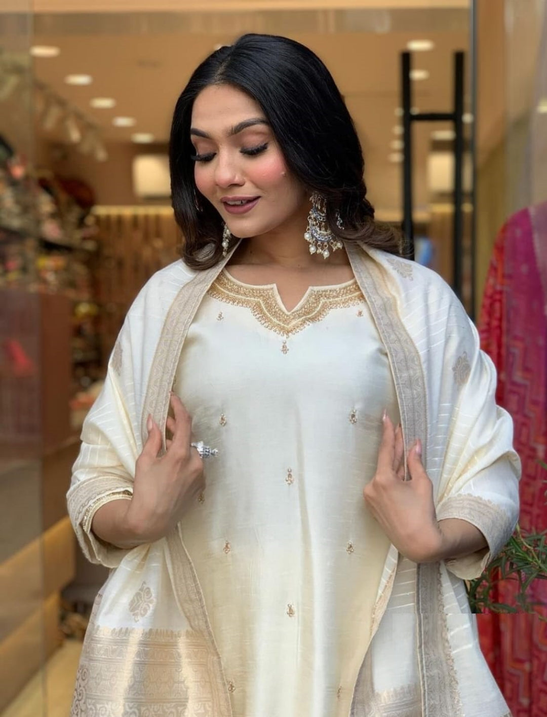 Women Cream Viscose Chanderi Suit Set