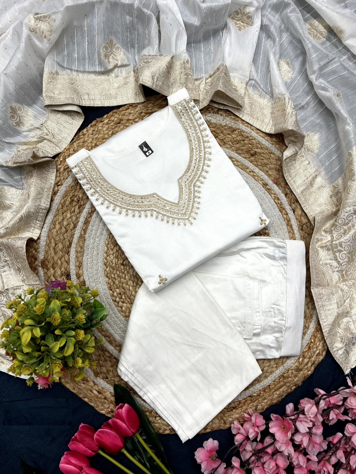 Women White Viscose Chanderi Jacquard Suit Set