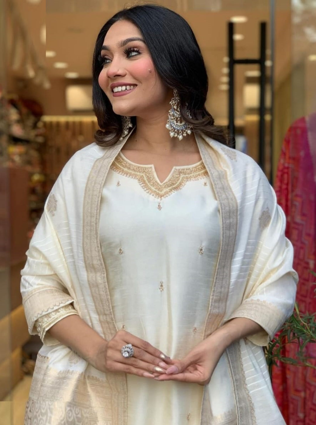 Women Cream Viscose Chanderi Suit Set