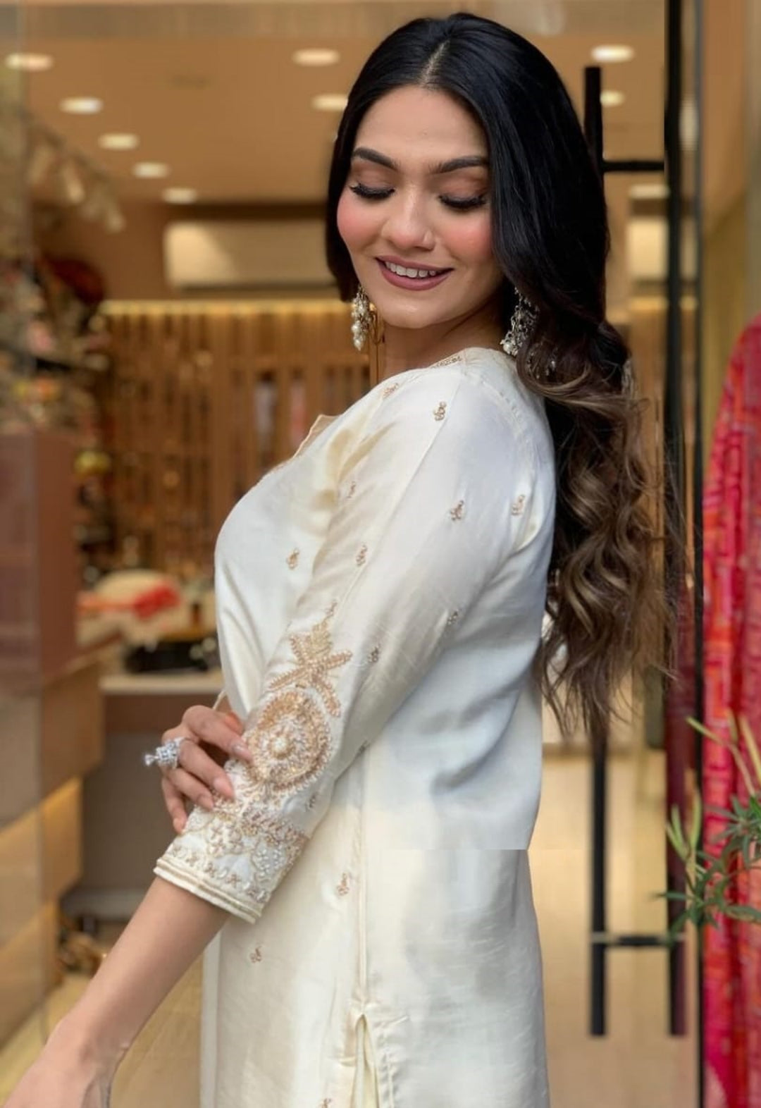 Women Cream Viscose Chanderi Suit Set