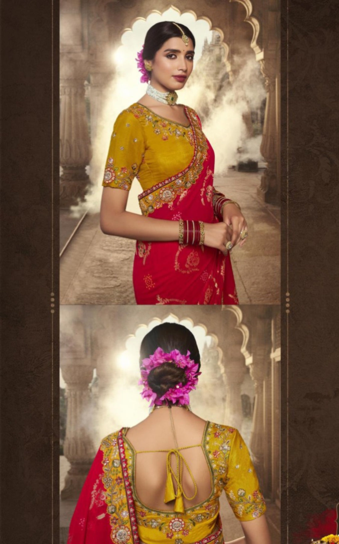Women Mustard And Red Silk Embroidery Saree
