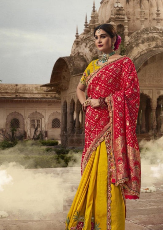 Women Yellow And Red Silk Embroidery Saree