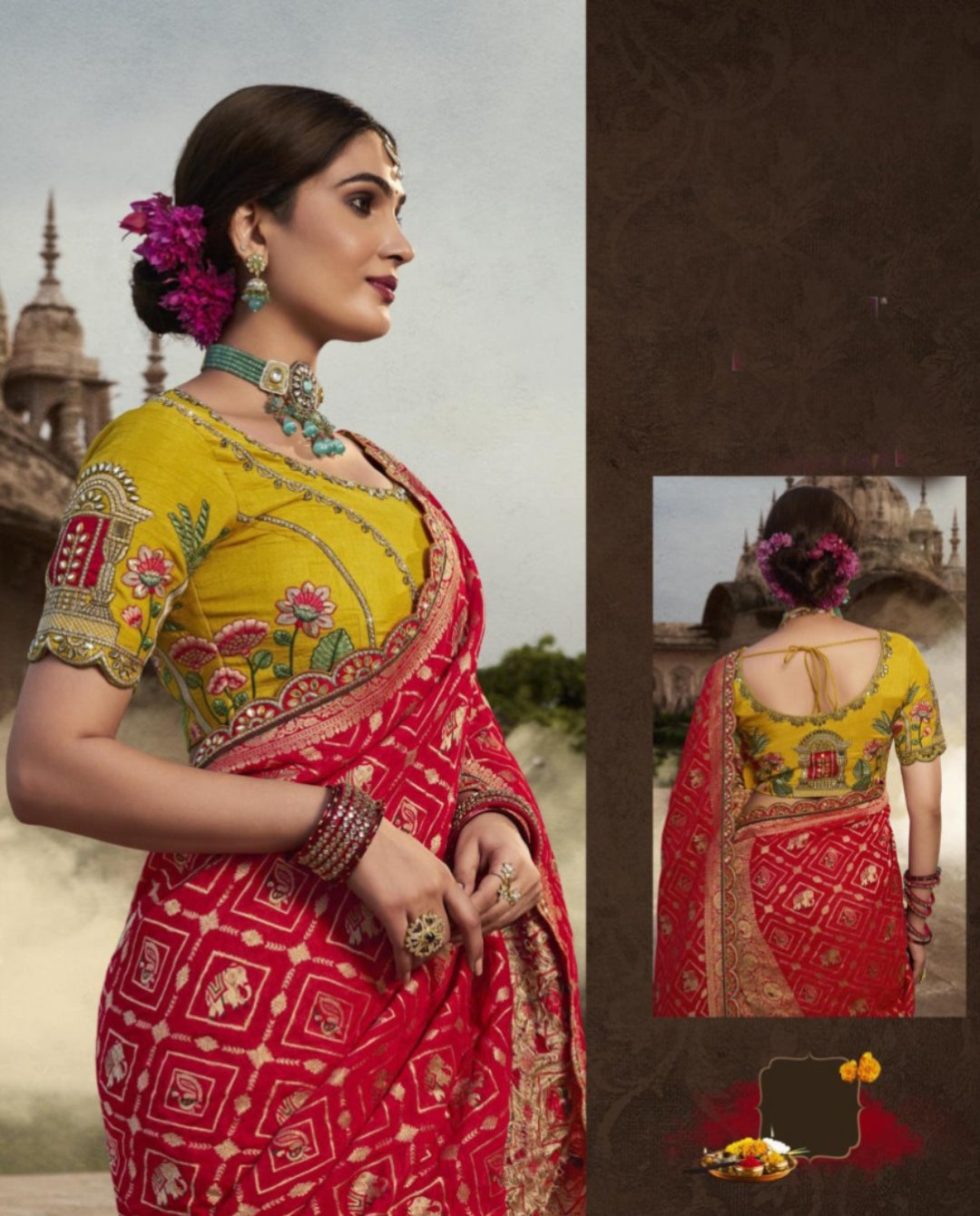Women Yellow And Red Silk Embroidery Saree