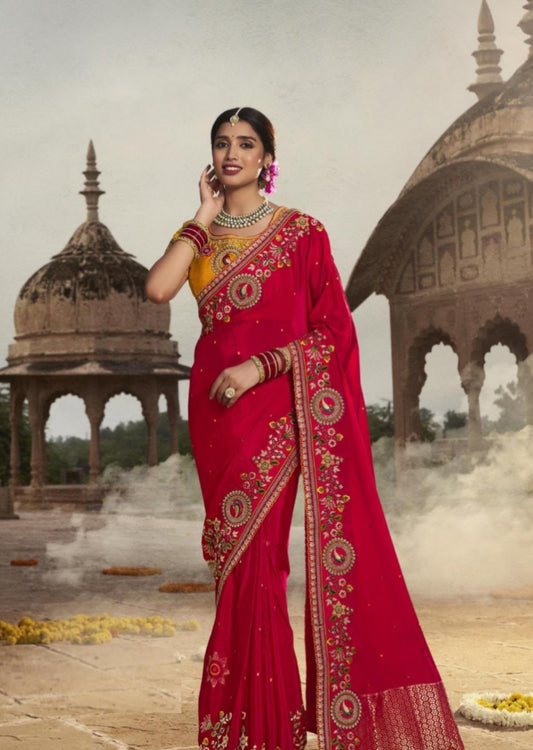 Women Pink And Mustard Silk Embroidery Saree