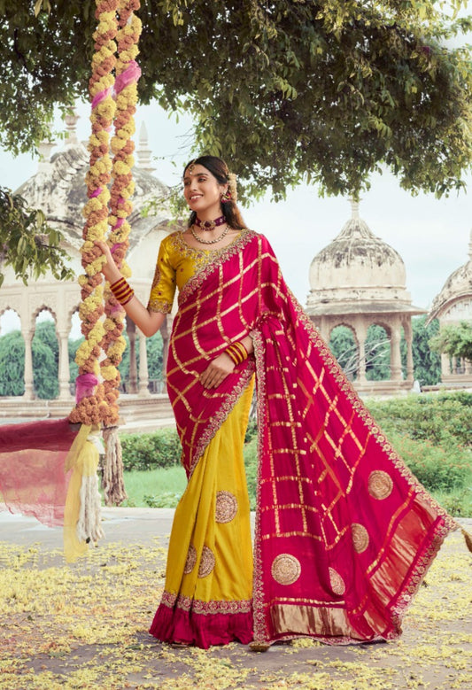 Women Yellow And Pink Silk Embroidery Saree