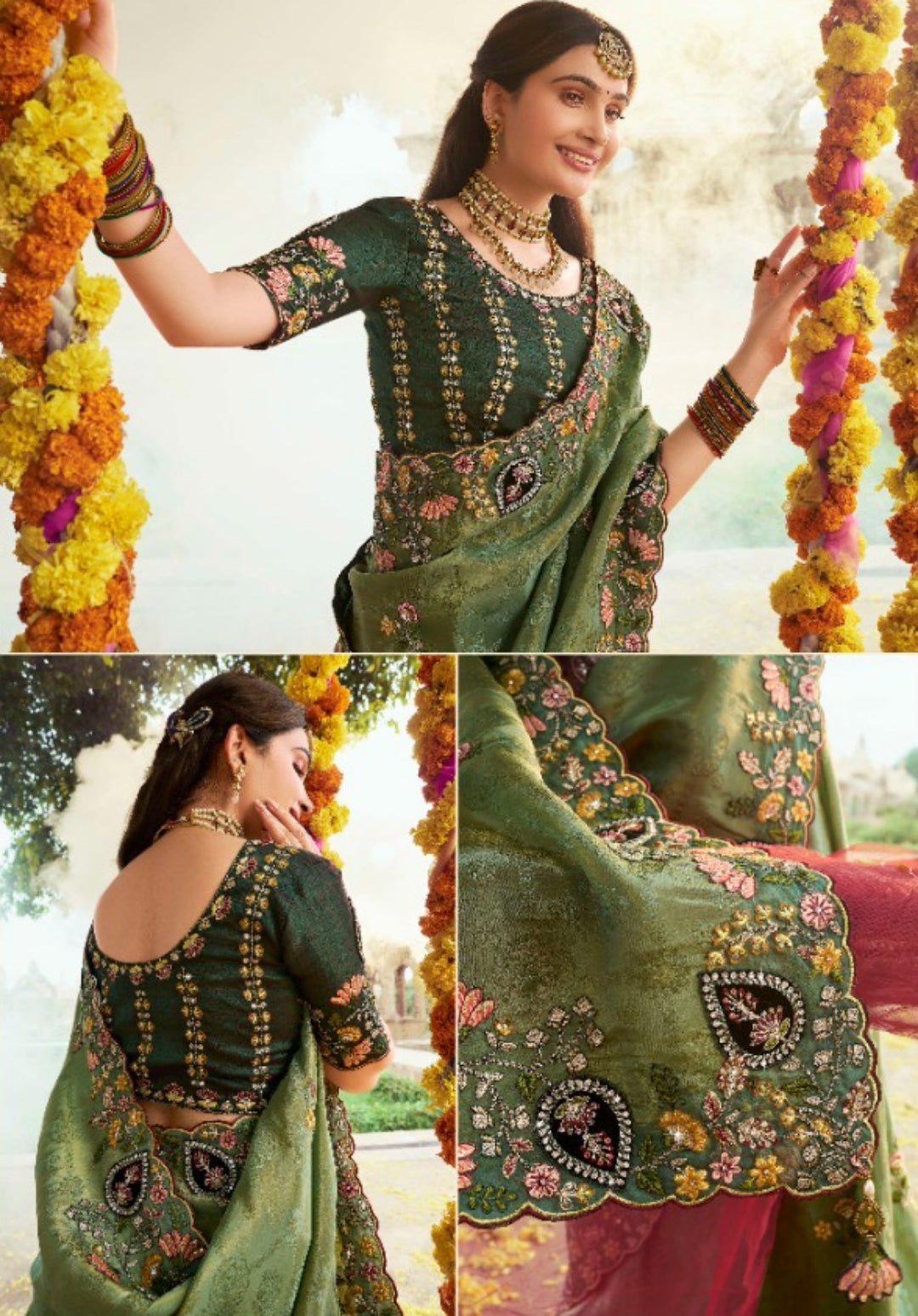 Women Bottle Green Silk Embroidery Saree