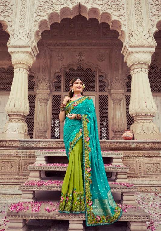 Women Green And Teal Silk Embroidery Saree