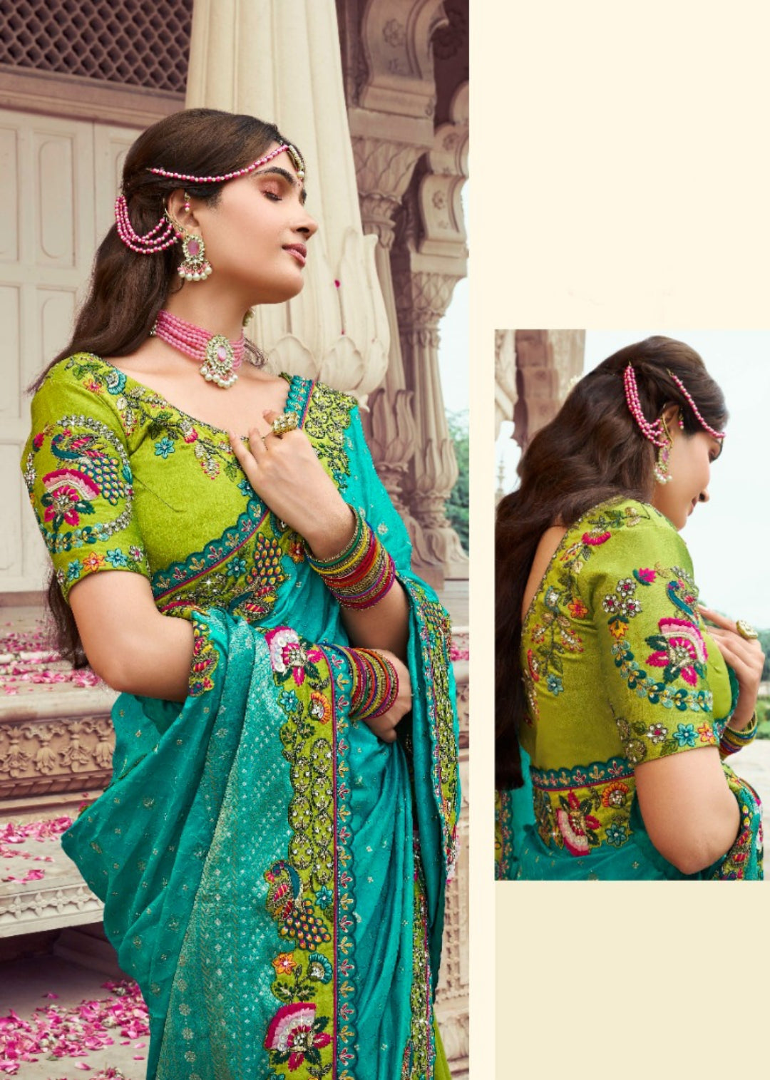 Women Green And Teal Silk Embroidery Saree