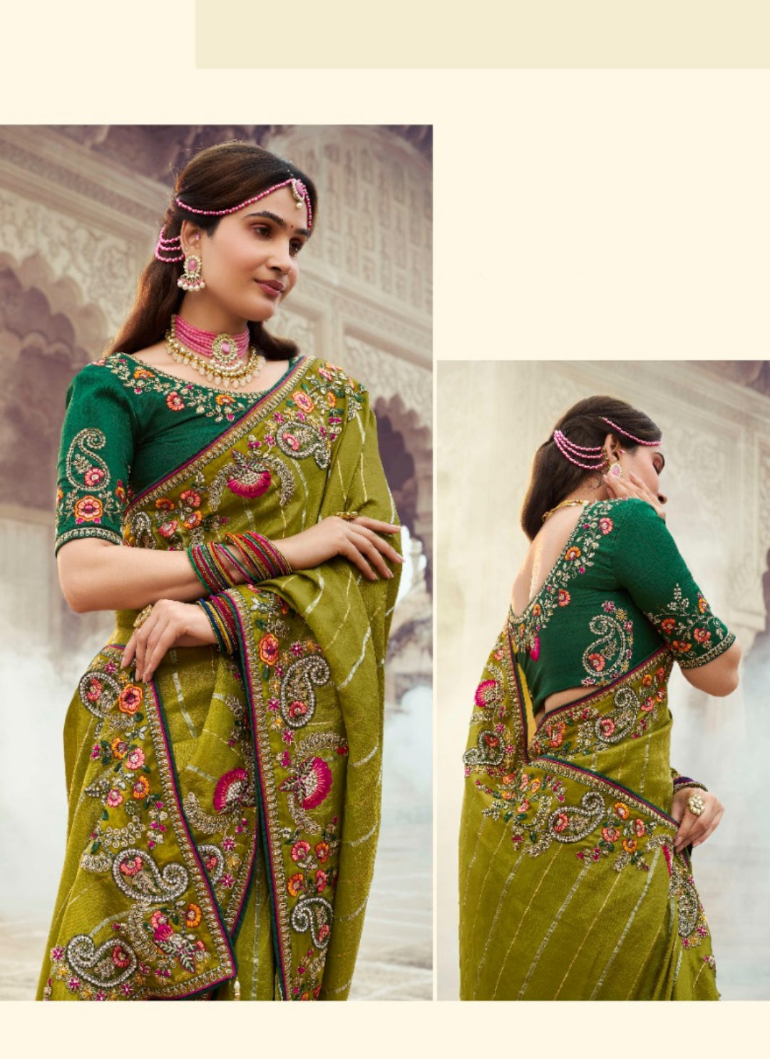Women Mehendi Green Silk Embroidery Saree