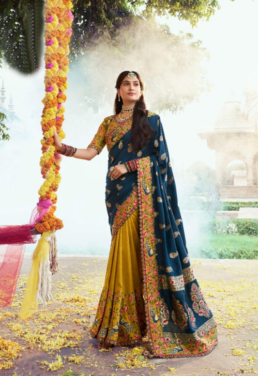 Women Mustard And Blue Silk Embroidery Saree