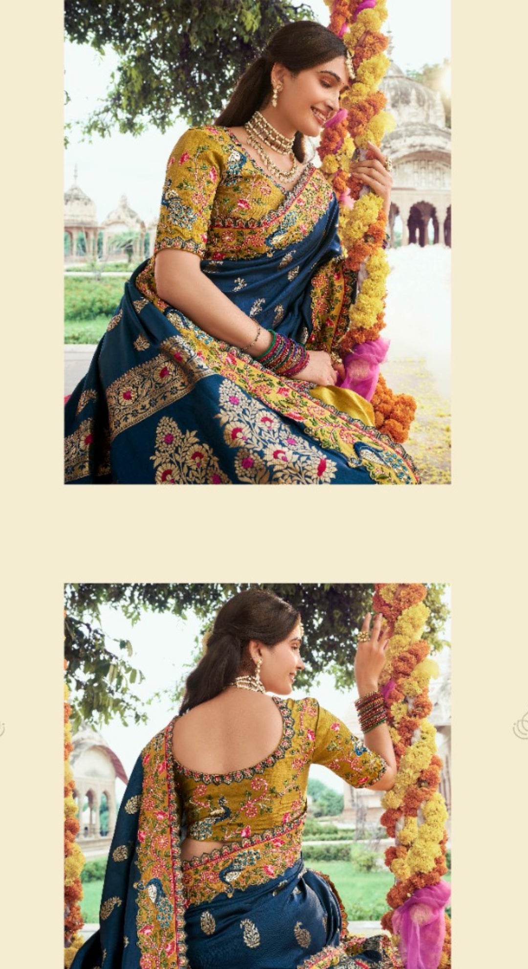 Women Mustard And Blue Silk Embroidery Saree