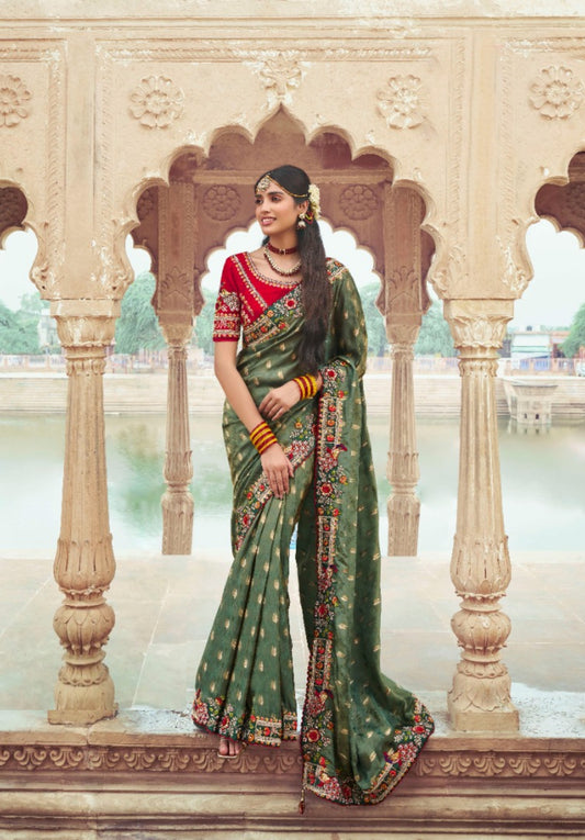 Women Green And Red Silk Embroidery Saree