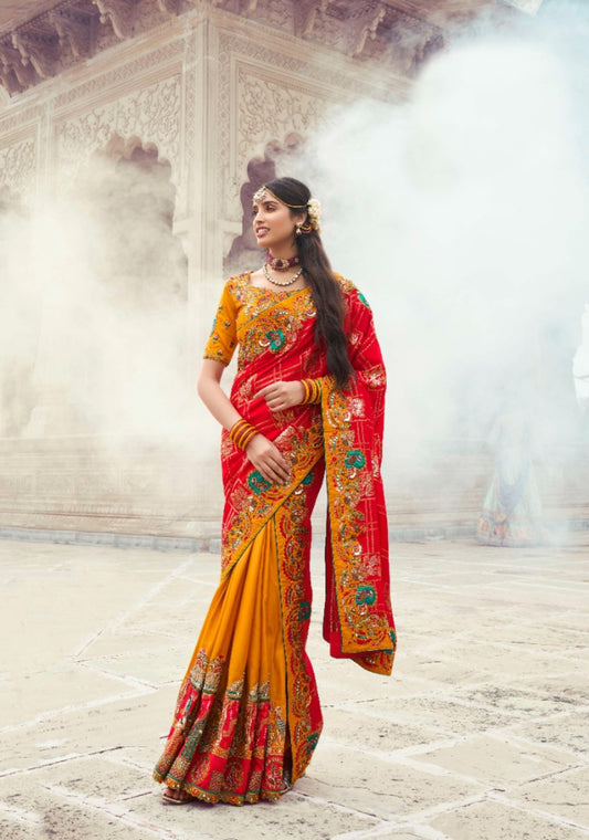 Women Red And Mustard Silk Embroidery Saree