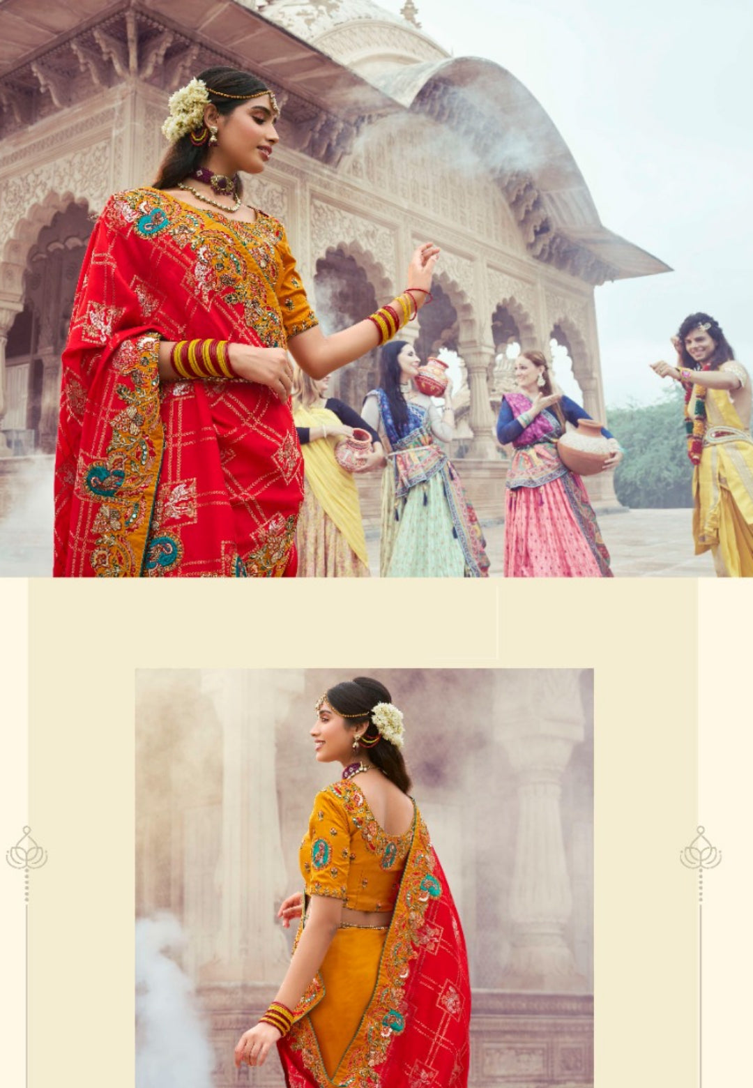 Women Red And Mustard Silk Embroidery Saree