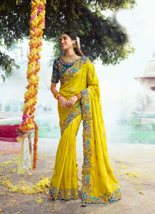 Women Yellow And Teal Silk Embroidery Saree