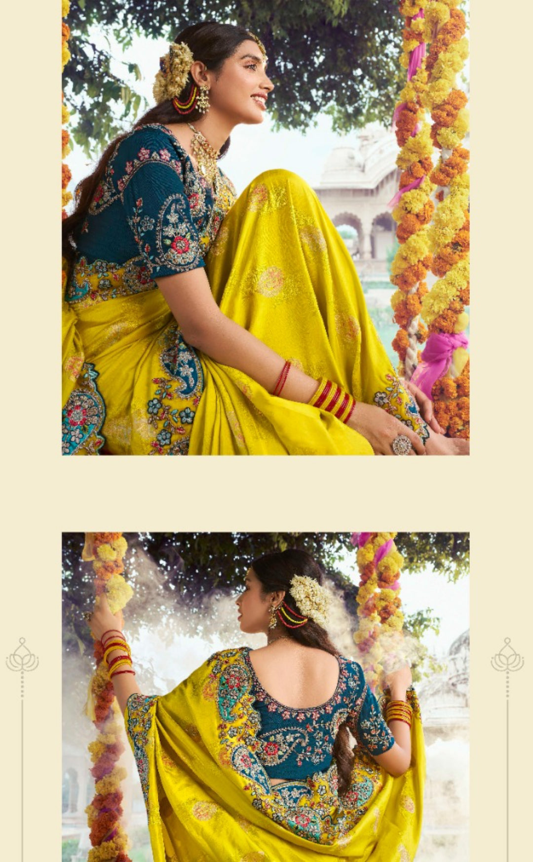 Women Yellow And Teal Silk Embroidery Saree