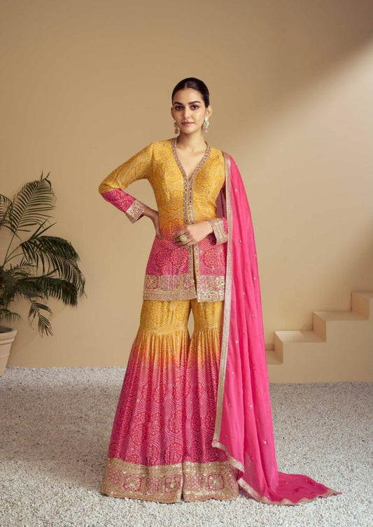Women Mustard And Pink Real Chinon Gharara Bottom Suit Set
