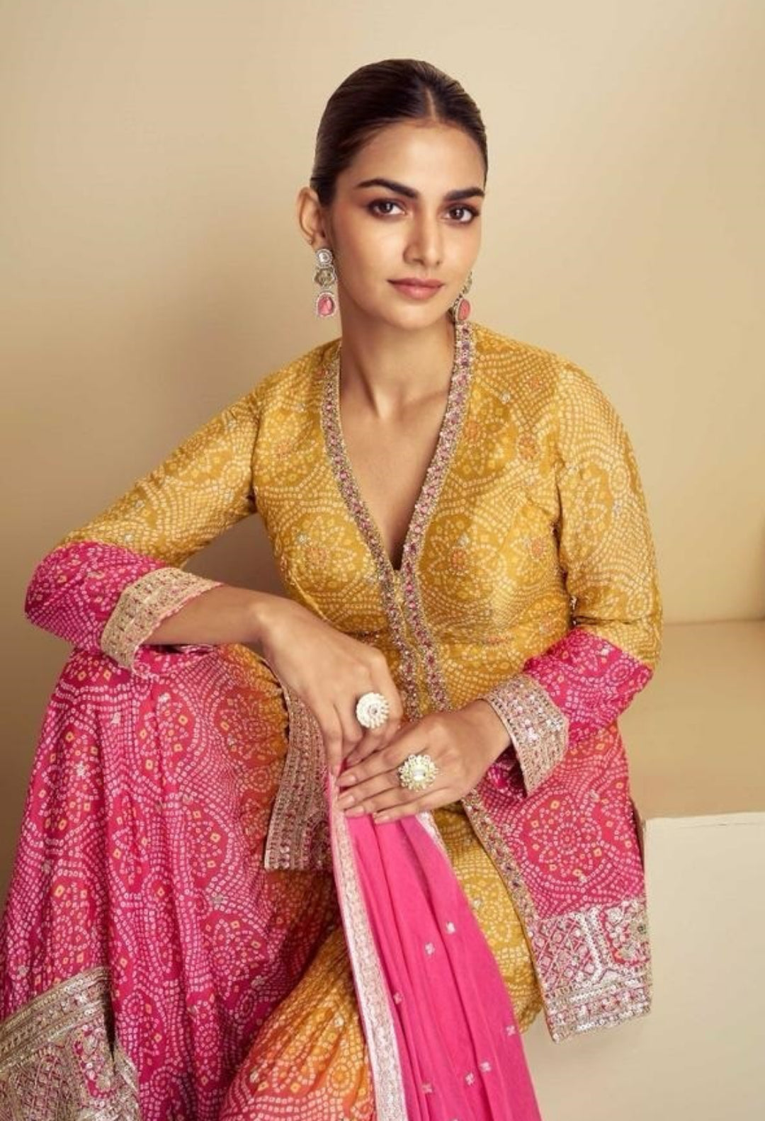 Women Mustard And Pink Real Chinon Gharara Bottom Suit Set