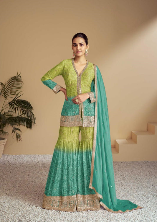 Women Green And Teal Real Chinon Gharara Bottom Suit Set