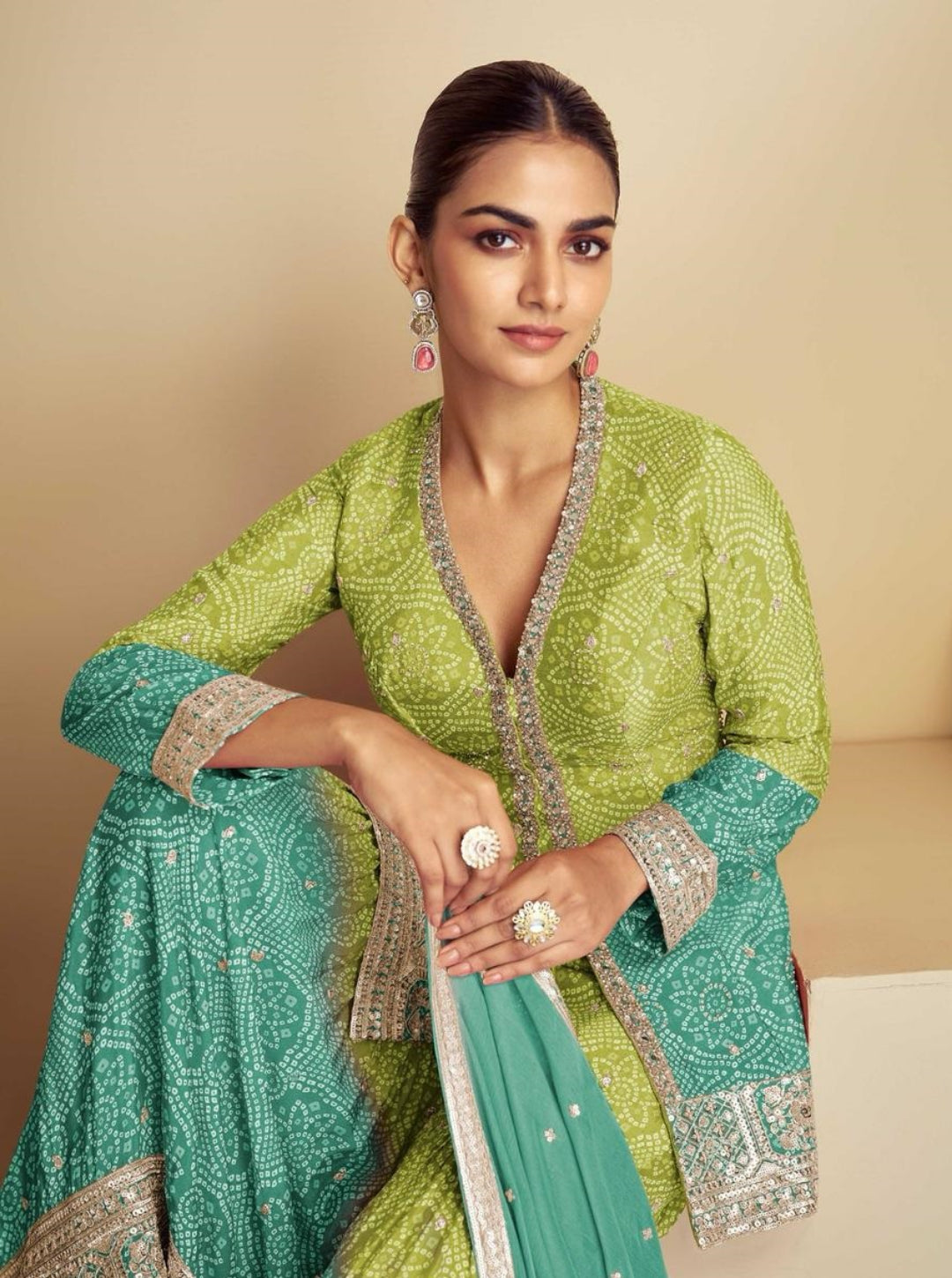 Women Green And Teal Real Chinon Gharara Bottom Suit Set