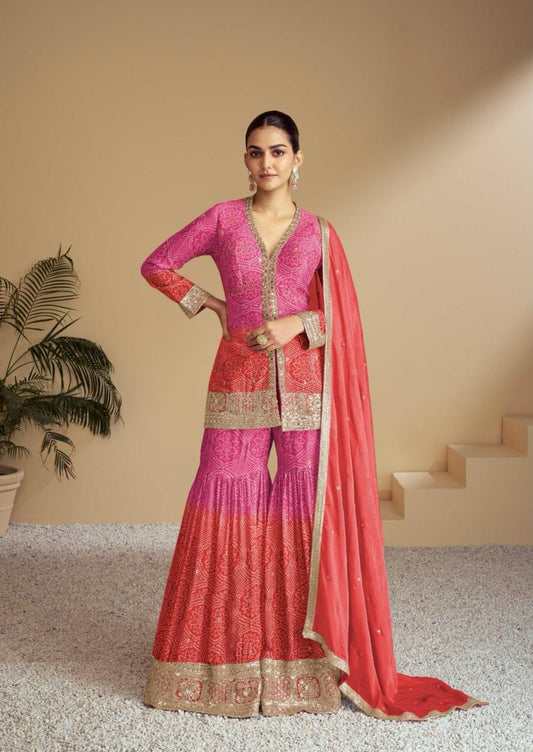 Women Pink And Red Real Chinon Gharara Bottom Suit Set