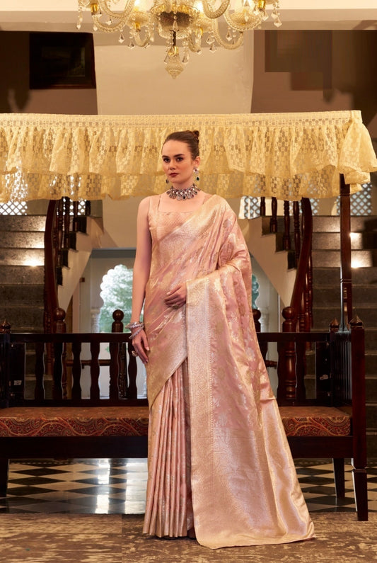 Women Baby Pink Satin Silk Saree