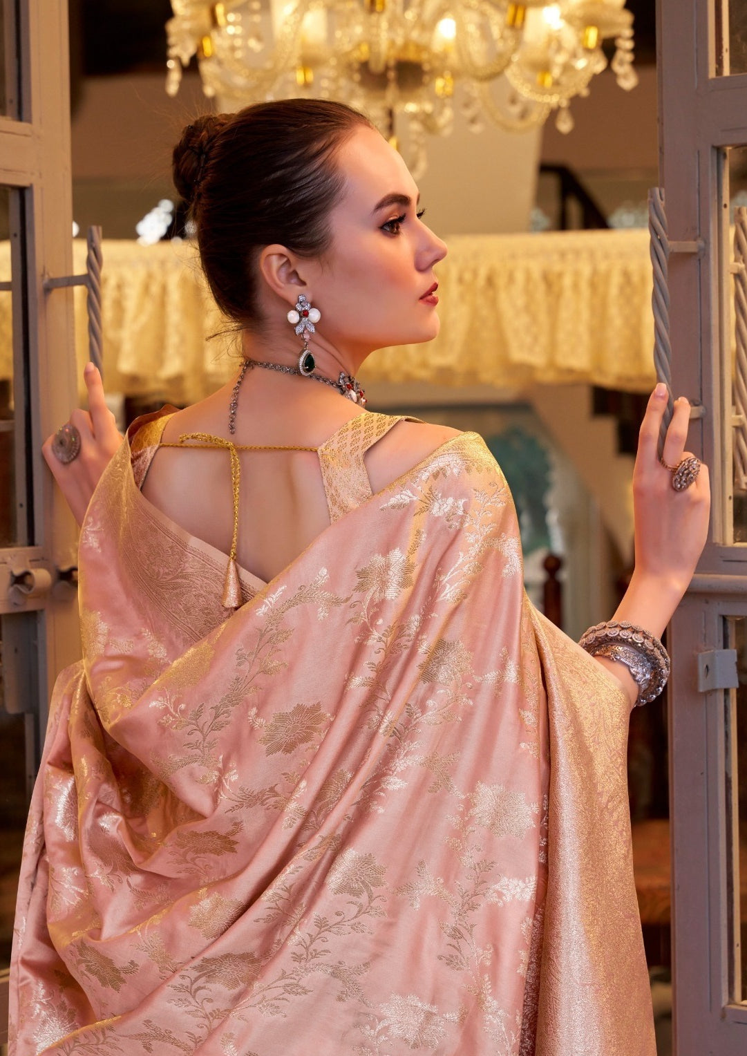 Women Baby Pink Satin Silk Saree