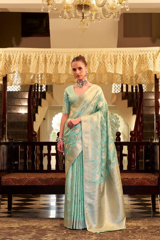 Women Sea Blue Satin Silk Saree