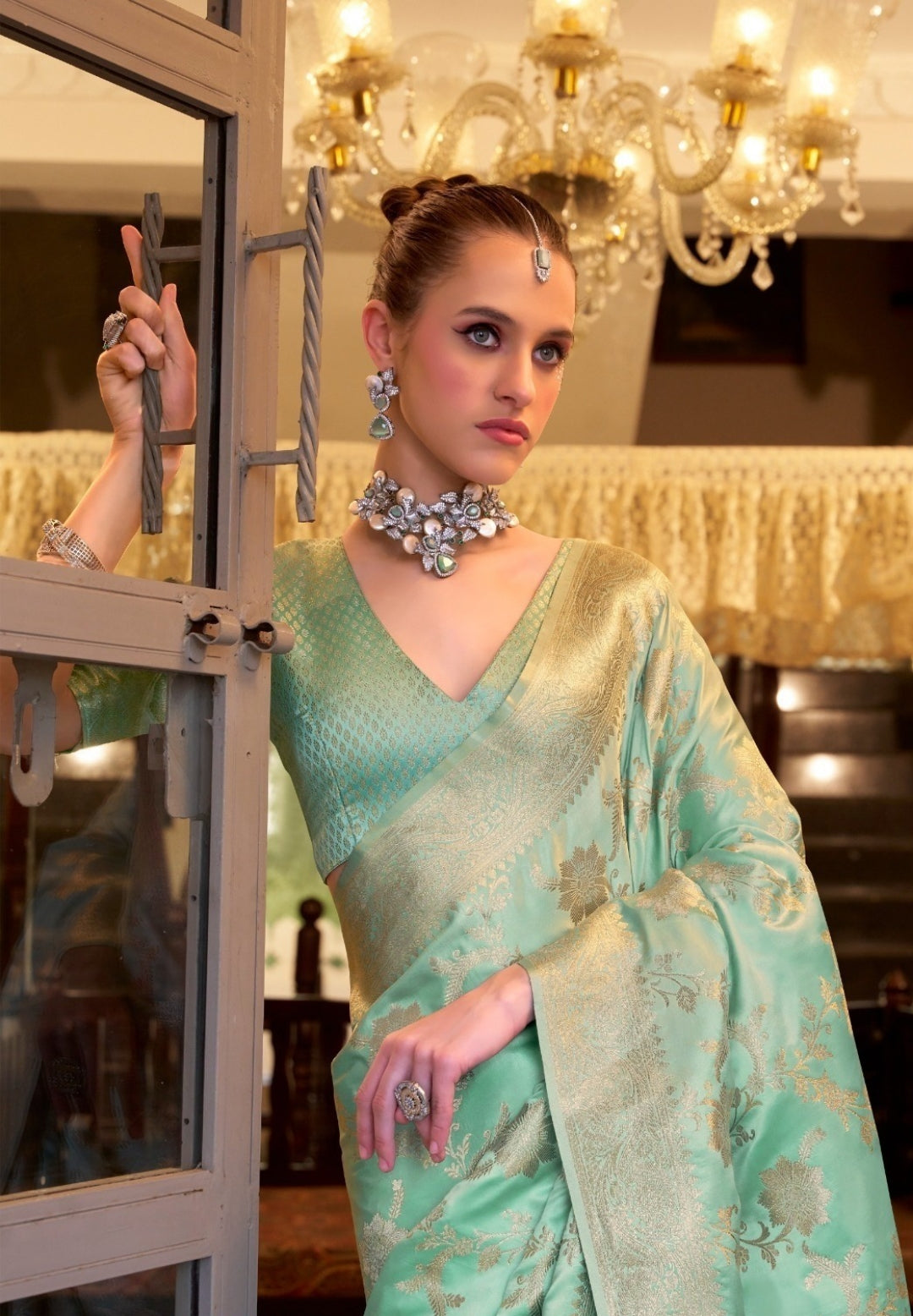 Women Sea Blue Satin Silk Saree