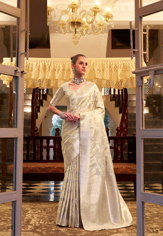 Women Off White Satin Silk Saree