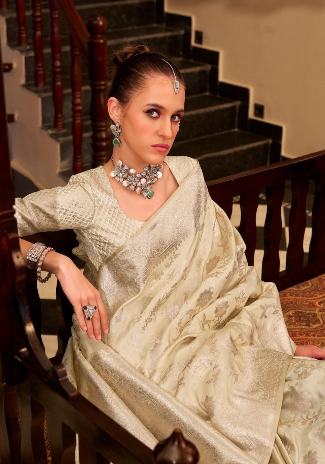 Women Off White Satin Silk Saree